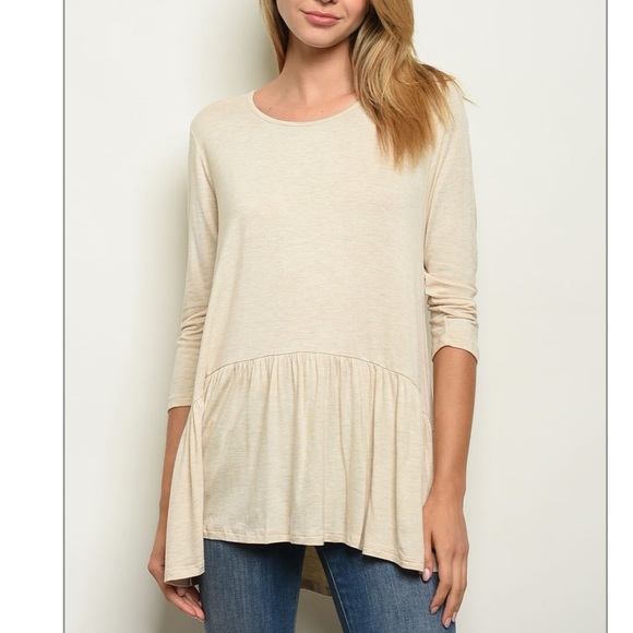 Oatmeal 3/4 sleeve scoop neck tunic peplum top